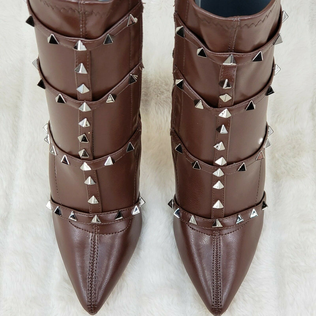Mark Pyramid Stud Strap High Heel Pointy Toe Stretch Ankle Boots Mocha Brown - Totally Wicked Footwear