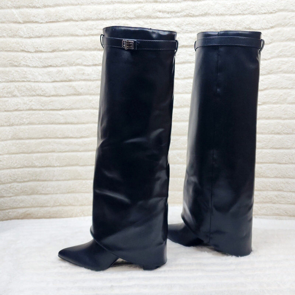 Paris Black Skirted Fold Over 3.5" Block Heel Knee High Boots - Totally Wicked Footwear