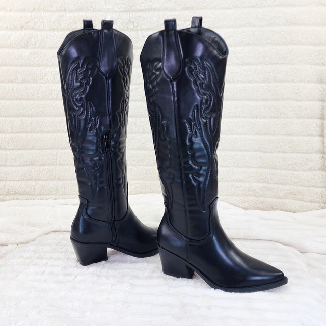 Country Rock Black Cowgirl Cowboy Knee Boots Western Block Heels US Sizes - Totally Wicked Footwear