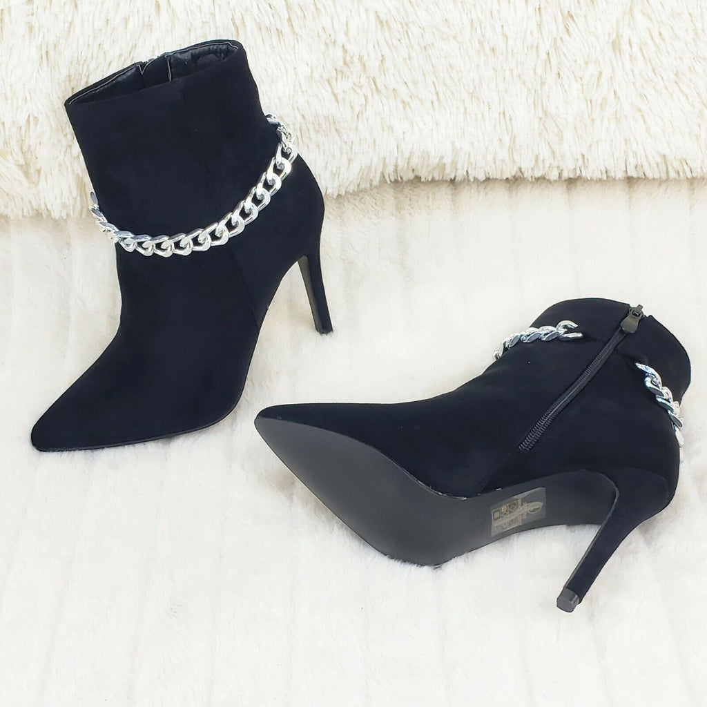 Mata Black FX Suede & Chain Sexy Pointy Toe 4" Stiletto High Heel Ankle Boots - Totally Wicked Footwear