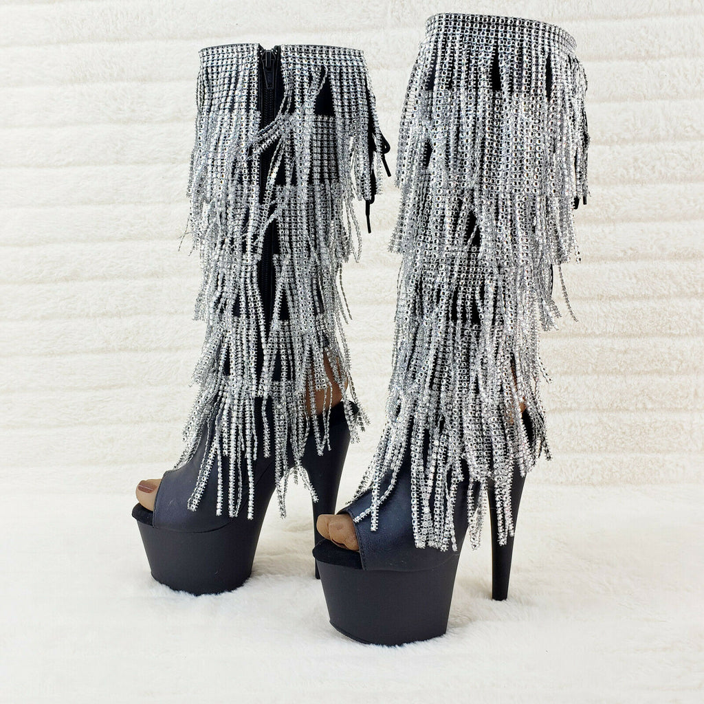 Adore 2024 Silver Fringe Black Platform 7" High Heel Fringe Knee Boots NY - Totally Wicked Footwear