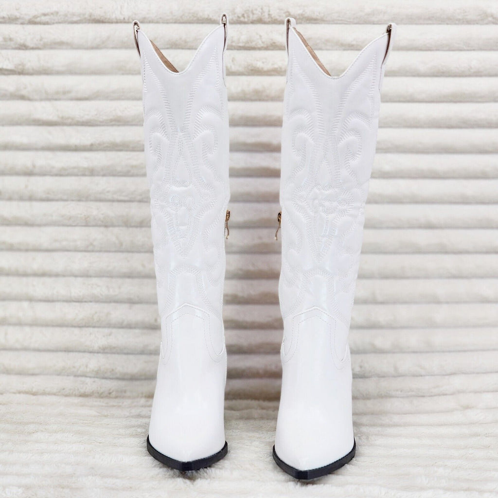 Electric Cowboy Brush Metallic Matte Western Knee High Cowgirl Boots Pearl White - Totally Wicked Footwear