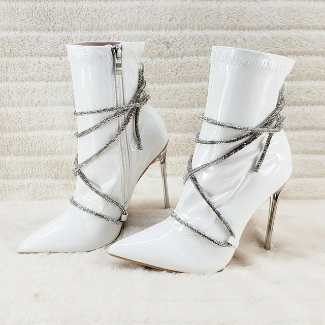 Destiny White Stretch Patent Cable Rhinestone Strap High Heel Ankle Boots - Totally Wicked Footwear