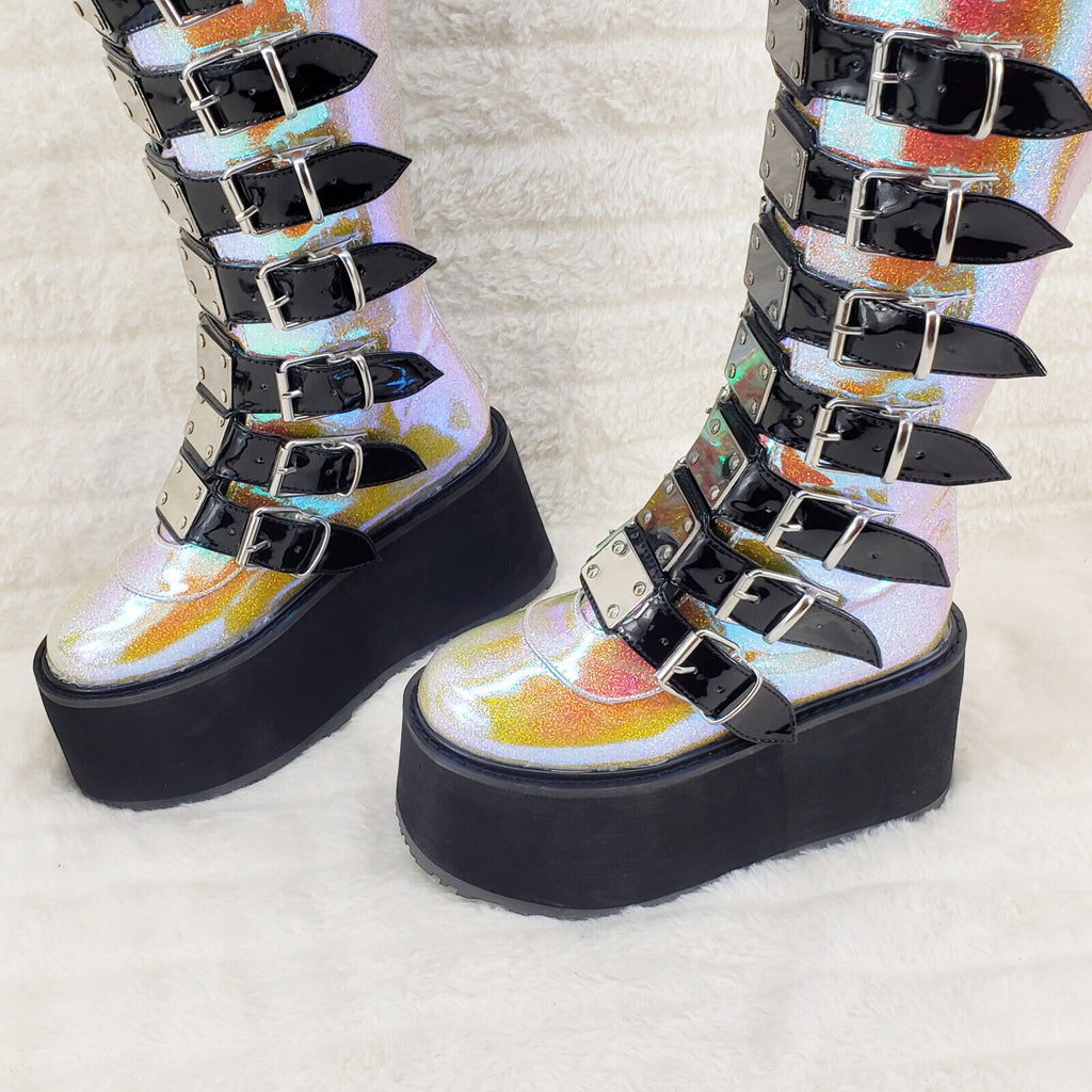 Damned 318 Multi Strap 3.5" Platform Cyber Punk Knee Boots Pink Hologram  NY - Totally Wicked Footwear