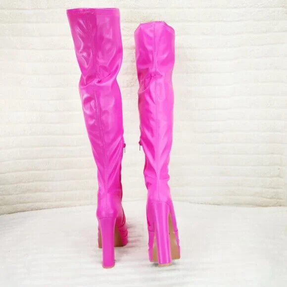 Delicious Hot Pink Fuchsia Pointy Toe Platform High Heel Stretch Thigh Boots - Totally Wicked Footwear