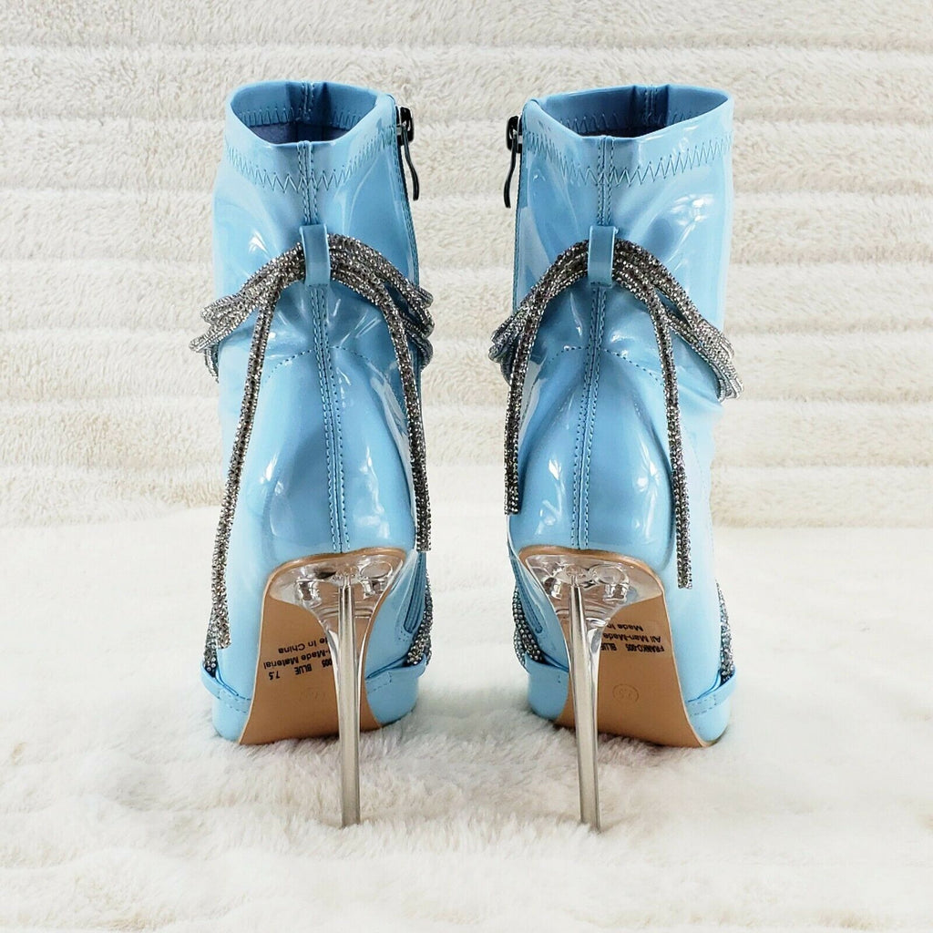 Destiny Baby Blue Stretch Patent Cable Rhinestone Strap High Heel Ankle Boots - Totally Wicked Footwear