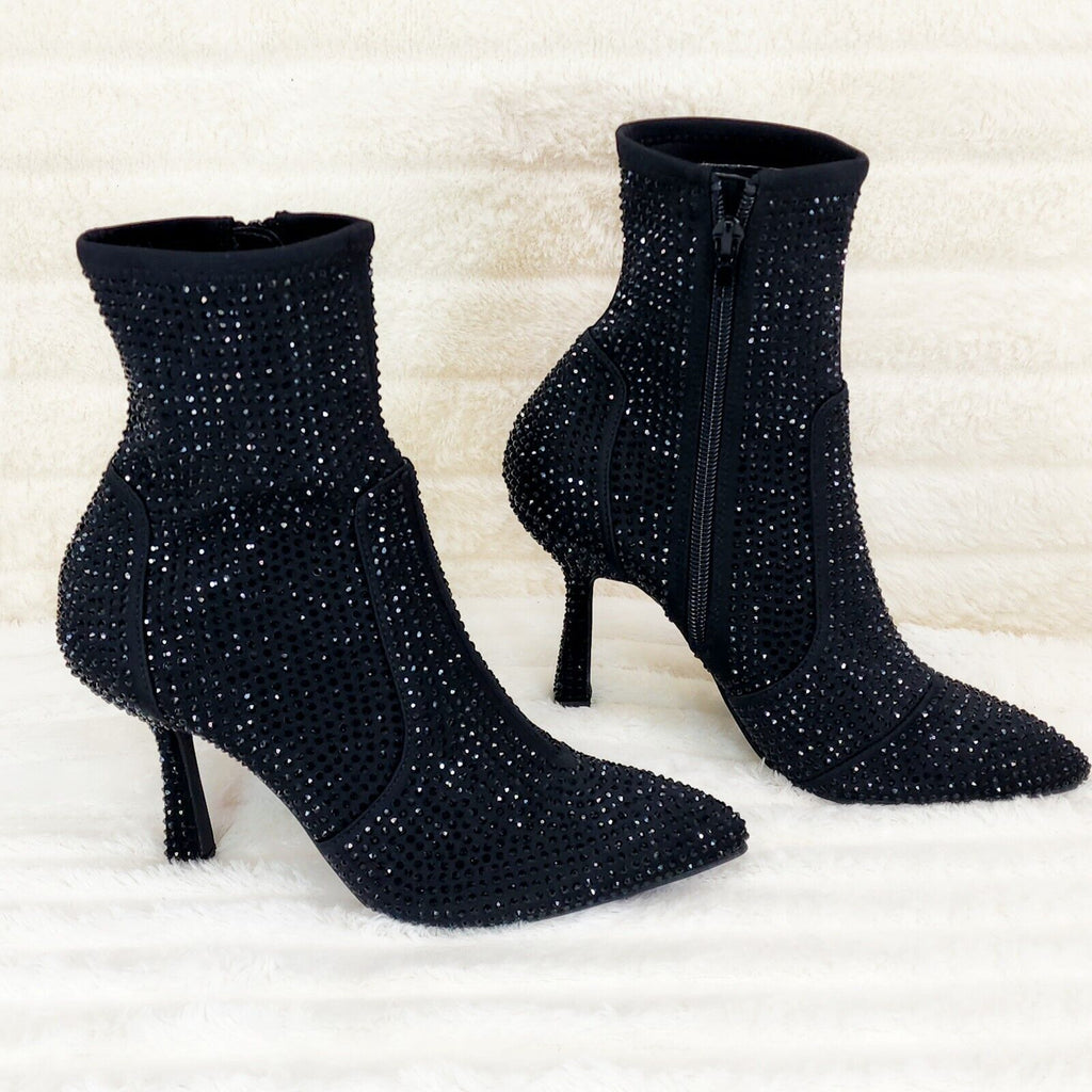 Stunning Black Stretch Rhinestone Ankle Boots 3.5" Heels New - Totally Wicked Footwear