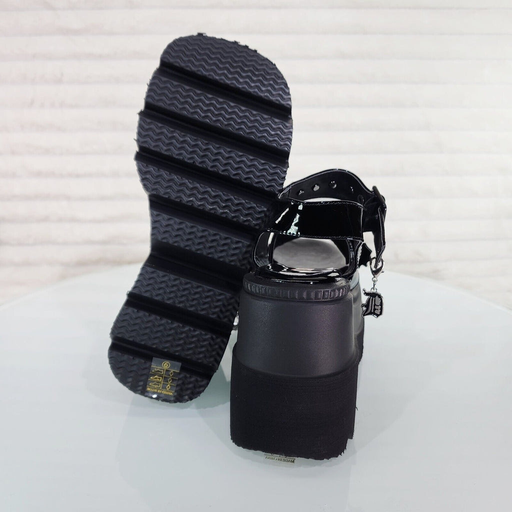 Shaker 13 Black Out Patent 4.5" Wedge Heel Gothic Sandals Studs And Charms NY - Totally Wicked Footwear
