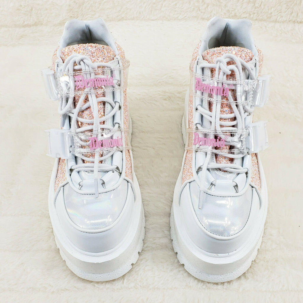 Slacker 50 White Pink Glitter Platform Sneaker Ankle Boots - Totally Wicked Footwear