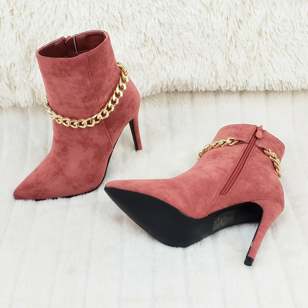 Mata Rose Pink FX Suede & Chain Sexy Pointy Toe 4" Stiletto Heel Ankle Boots - Totally Wicked Footwear