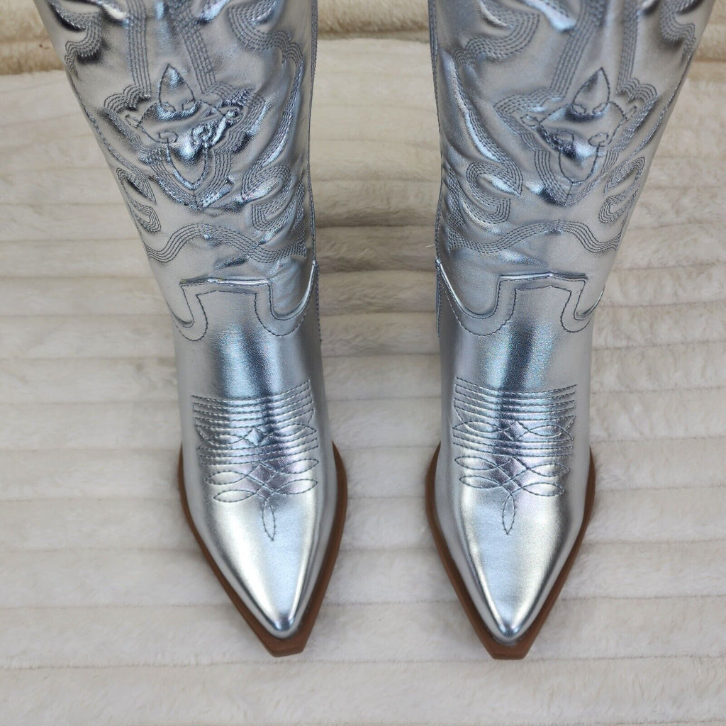 Disco Cowgirl Metallic Silver Cowboy Knee Boots Western Block Heels US Sizes - Totally Wicked Footwear