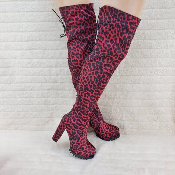 Fever Red Leopard Stretch Lace Up Back OTK Chunky Heel Boots Lug Sole - Totally Wicked Footwear