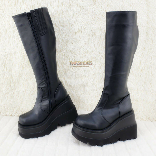 Demonia Shaker 100 Black Matte Platform 4.5" Wedge Heel Knee Boots NY - Totally Wicked Footwear