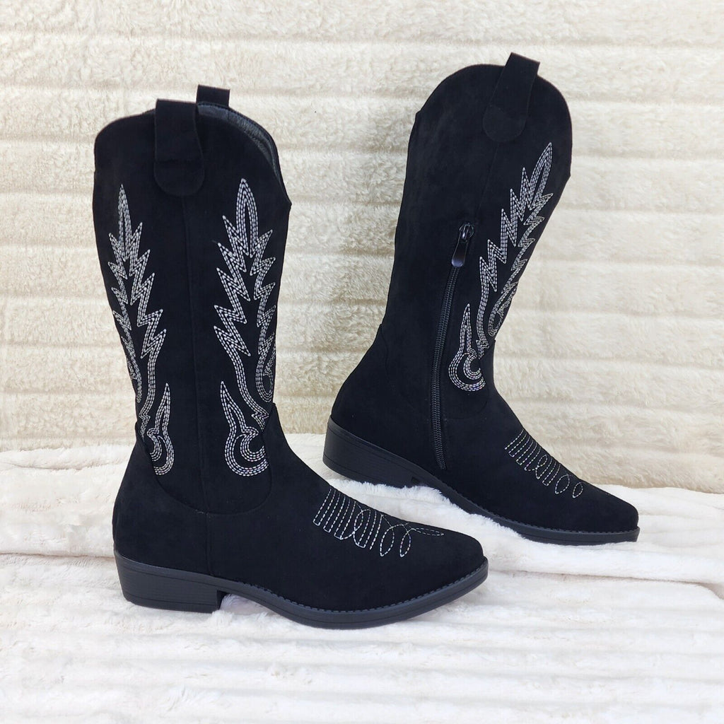 Bella Western Mid-calf Cowboy Cowgirl Boots Tan Low 1.5" Heels Black Faux Suede - Totally Wicked Footwear