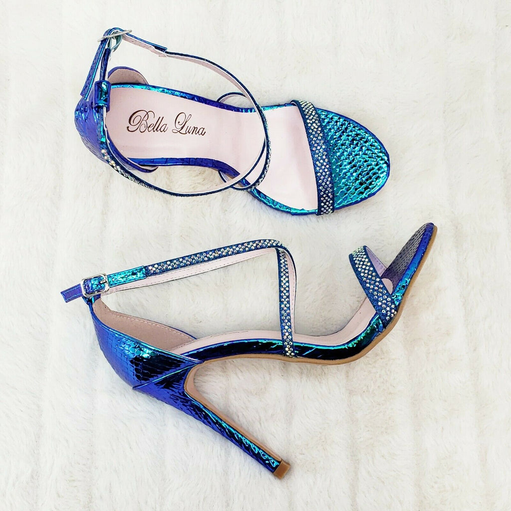 Lisa Blue Snake Hologram Cross Strap Jeweled 4" High Heel Sandals Shoes 5.5-10 - Totally Wicked Footwear