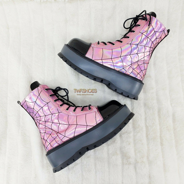 Slacker 88 Pink Hologram Spider Web Design Up Ankle Boots US 6-12 Goth NY - Totally Wicked Footwear