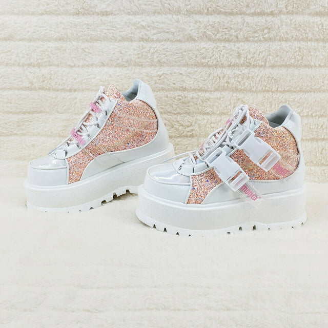 Slacker 50 White Pink Glitter Platform Sneaker Ankle Boots - Totally Wicked Footwear