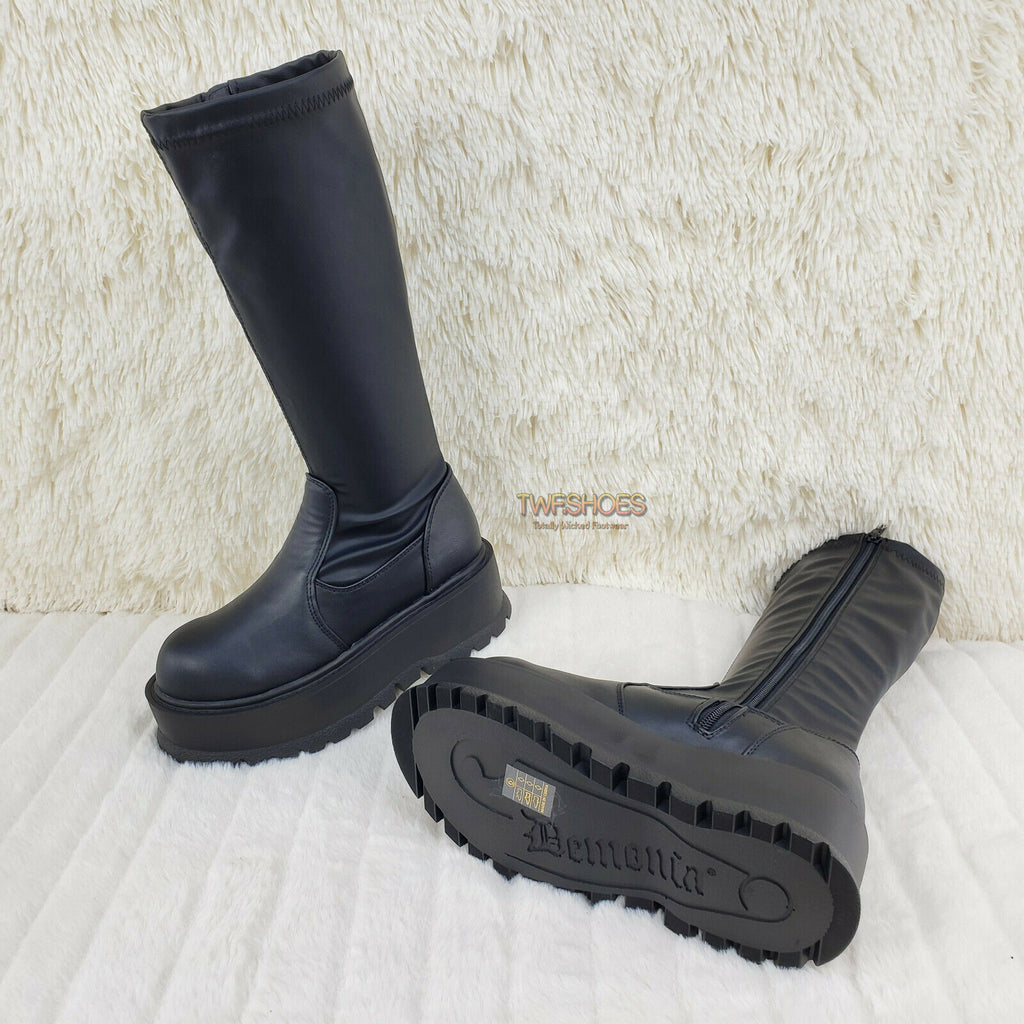 Demonia Slacker 200 65 Black Matte Platform Wedge Heel Knee Boots NY - Totally Wicked Footwear