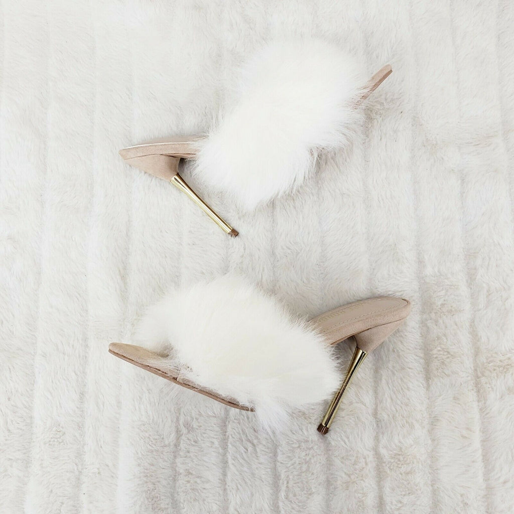 Fuji Furry Pointy Toe Slip On 4.5" Gold Tone Slim Heels Nude - Totally Wicked Footwear