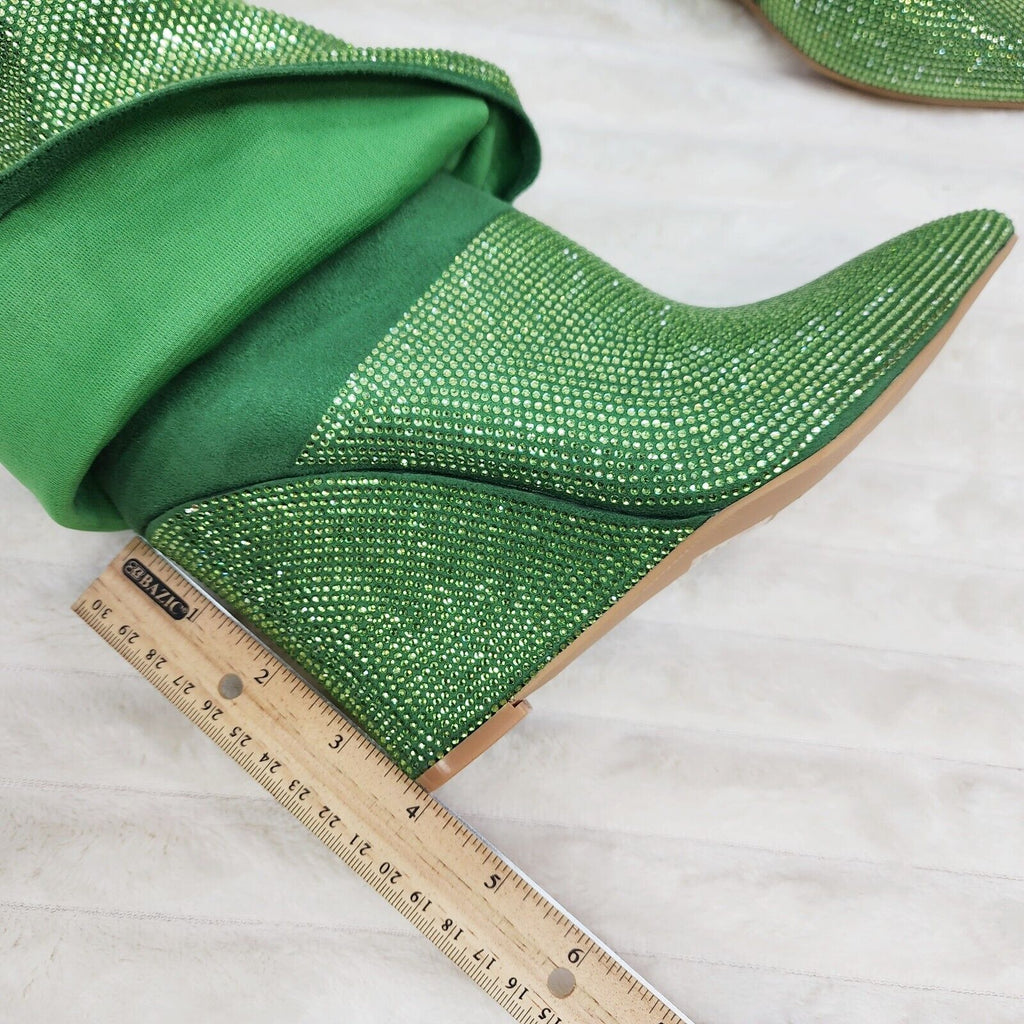 Super Sparkle Sharky Skirted Fold Over Wedge Heel Knee Boots Green - Totally Wicked Footwear