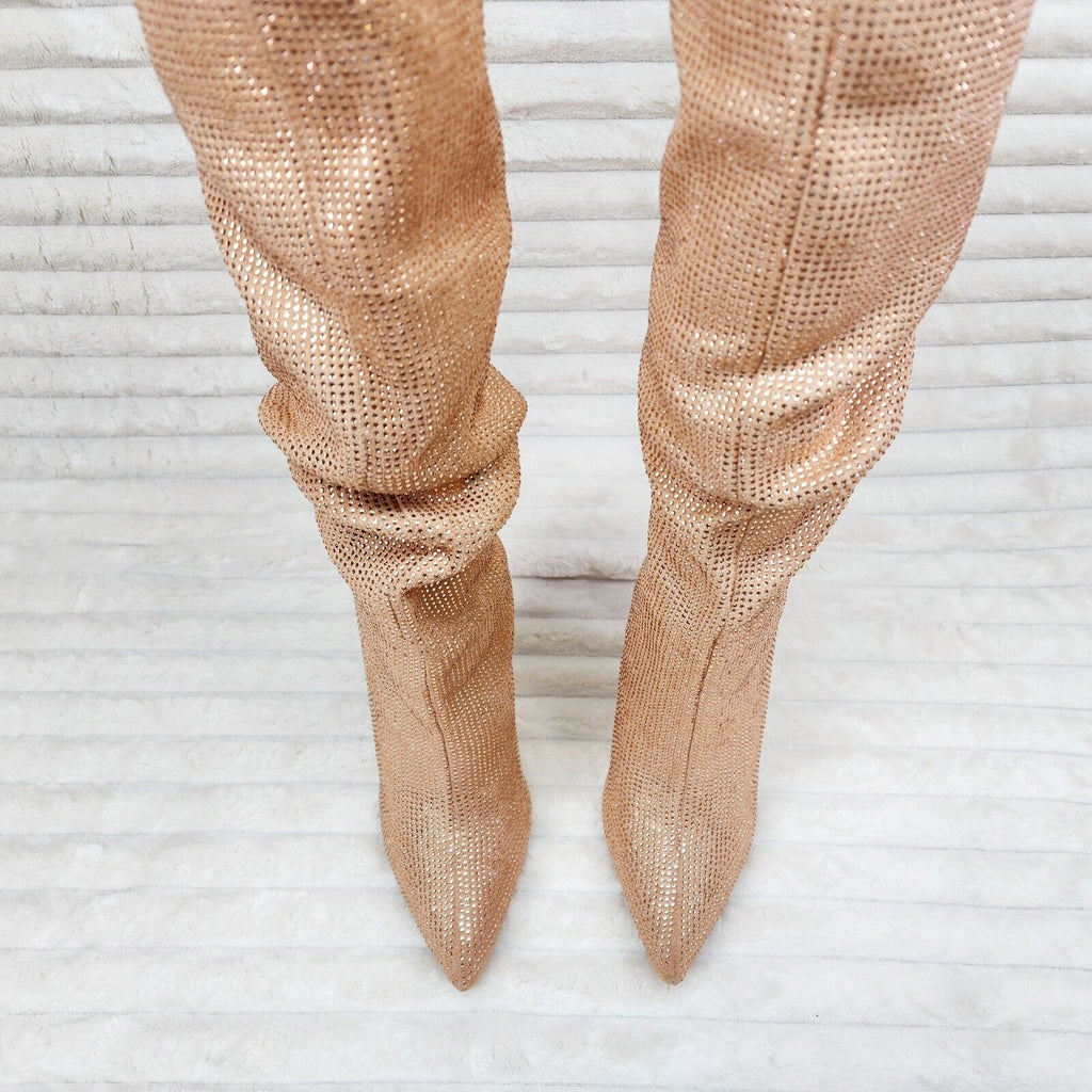 Radiant Nude Beige Rhinestone High Heel Stiletto Slouch Knee High Boots - Totally Wicked Footwear