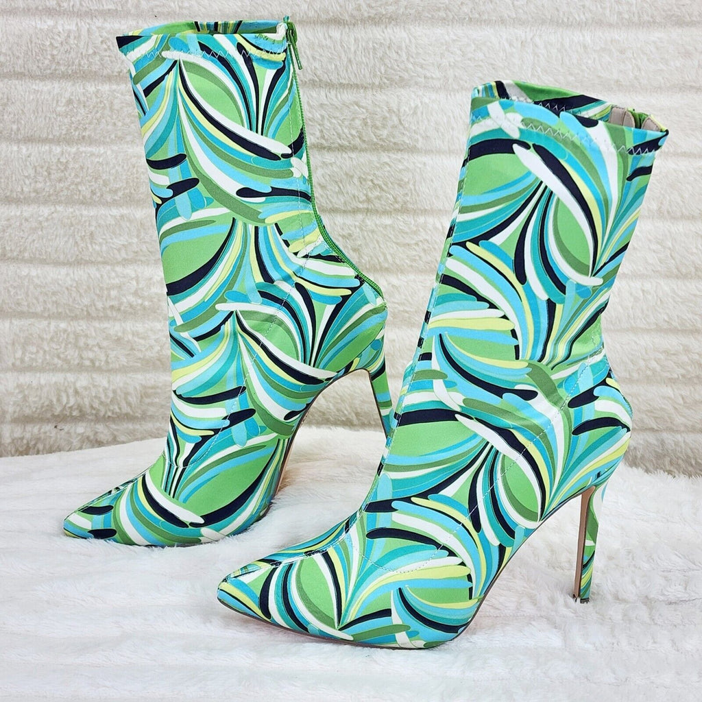 Odin Crazy Wild Color Pattern High Heel Stretch Fabric Ankle Boots - Green Blue - Totally Wicked Footwear