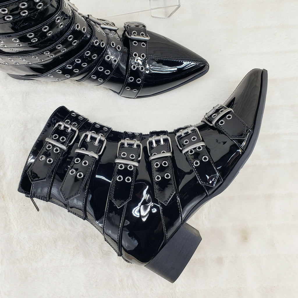 Wicked Warlock 70 Multi Strap Winklepicker Ankle Boots Mens Patent NY IN HOUSE - Totally Wicked Footwear