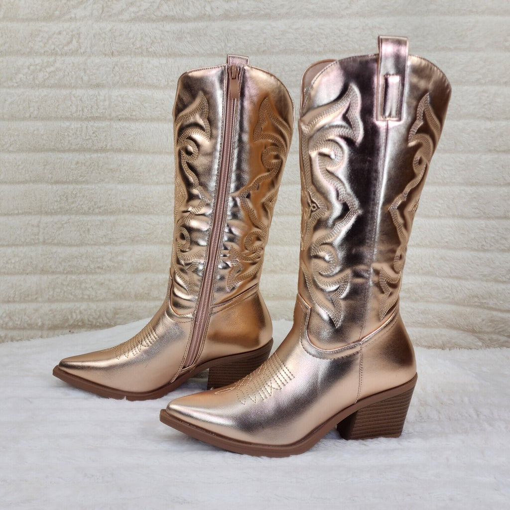 Disco Cowgirl Metallic Rose Gold Cowboy Knee Boots Western Block Heels US Sizes - Totally Wicked Footwear