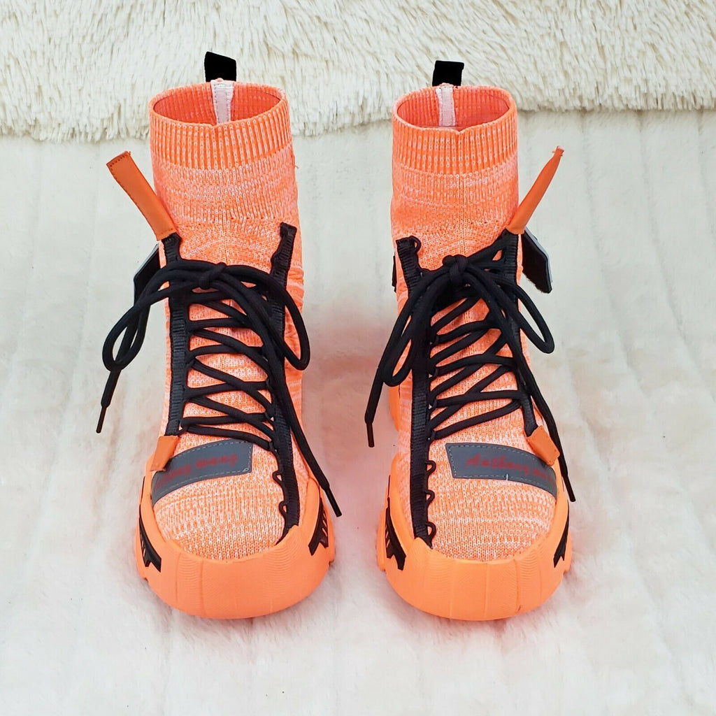 Wang Damson Pull On Knit Platform Sneaker Boots 4" Hidden Wedge Orange Knit - Totally Wicked Footwear