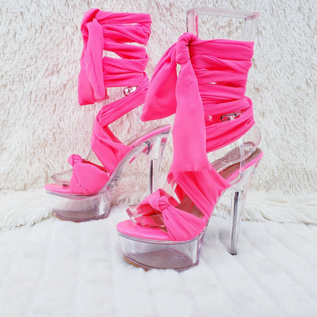 Neon Pink Scarf Wrap Clear Platform Shoes Sandals 6" High Heel Sandals Shoes - Totally Wicked Footwear