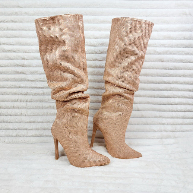 Radiant Nude Beige Rhinestone High Heel Stiletto Slouch Knee High Boots - Totally Wicked Footwear