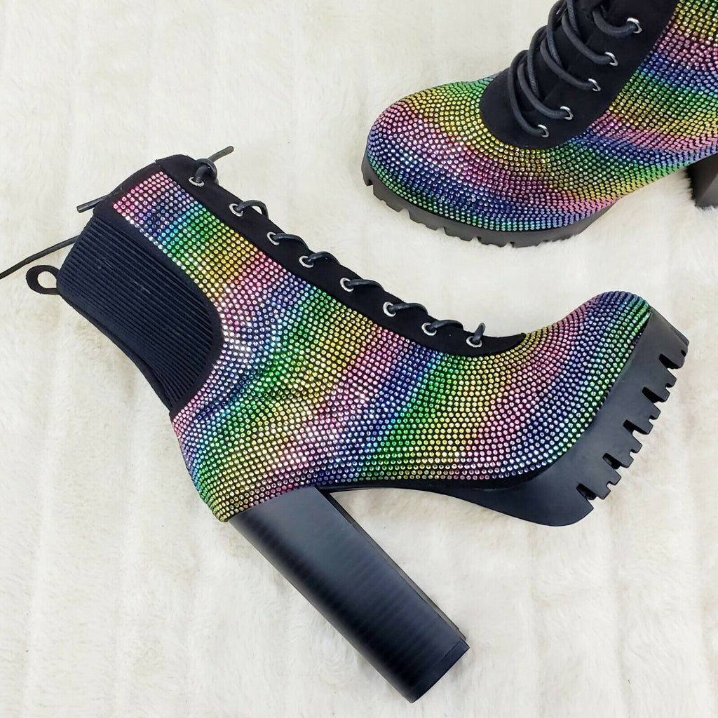 Wild Diva Veronica Rainbow Rhinestone Chunky Heel Ankle Boots Black - Totally Wicked Footwear