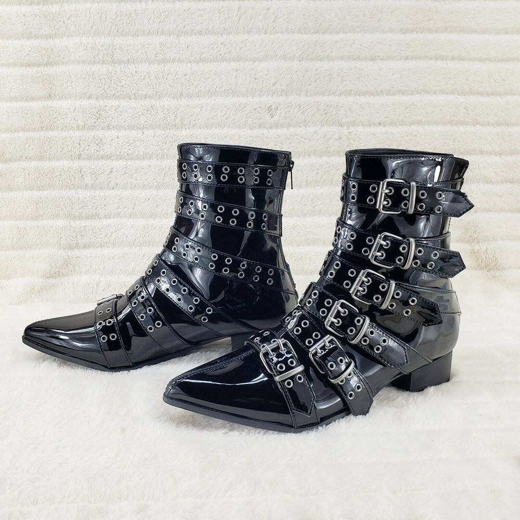 Wicked Warlock 70 Multi Strap Winklepicker Ankle Boots Mens Patent NY IN HOUSE - Totally Wicked Footwear