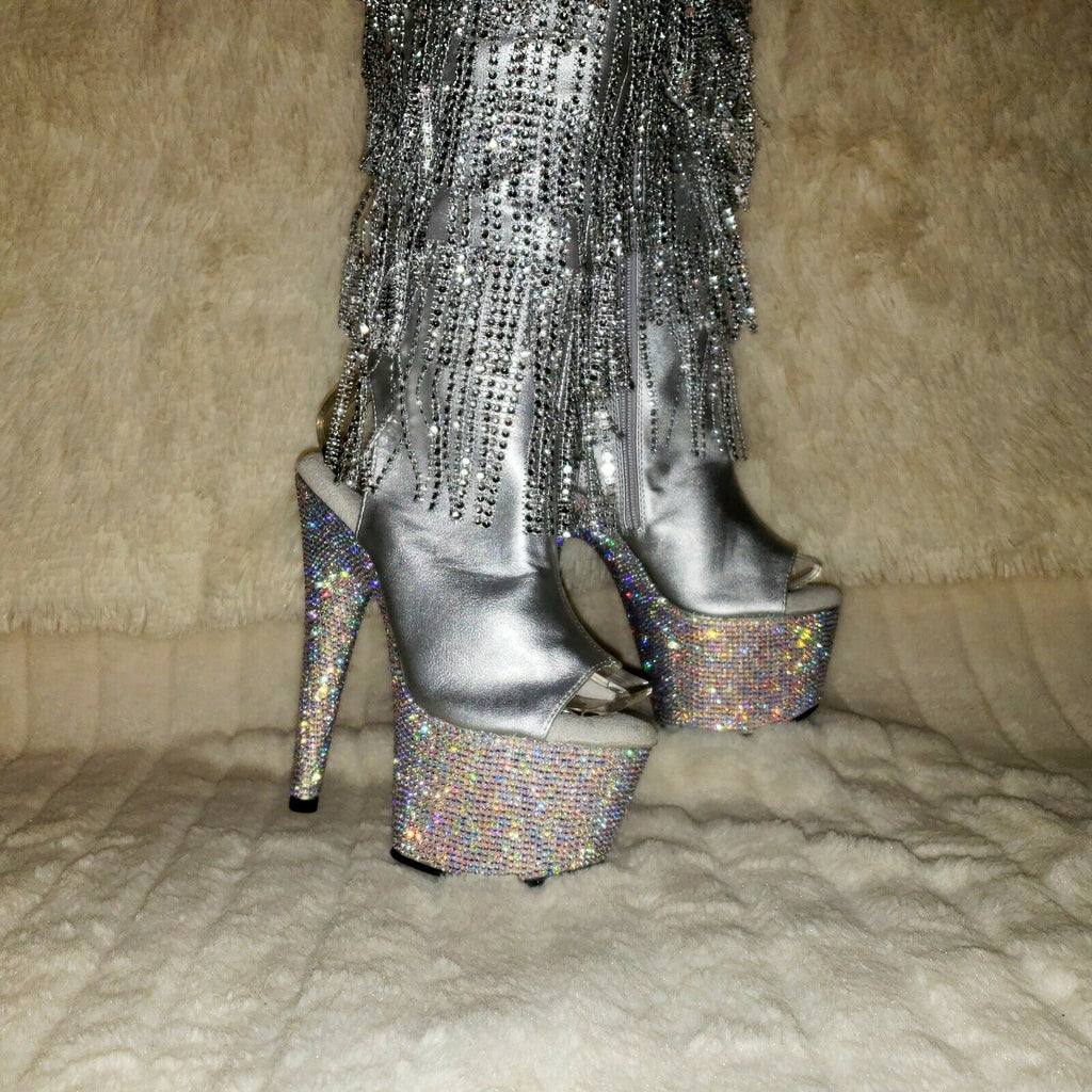 Bejeweled 3019DM Silver Rhinestone Platform 7" High Heel Fringe Thigh Boots NY - Totally Wicked Footwear