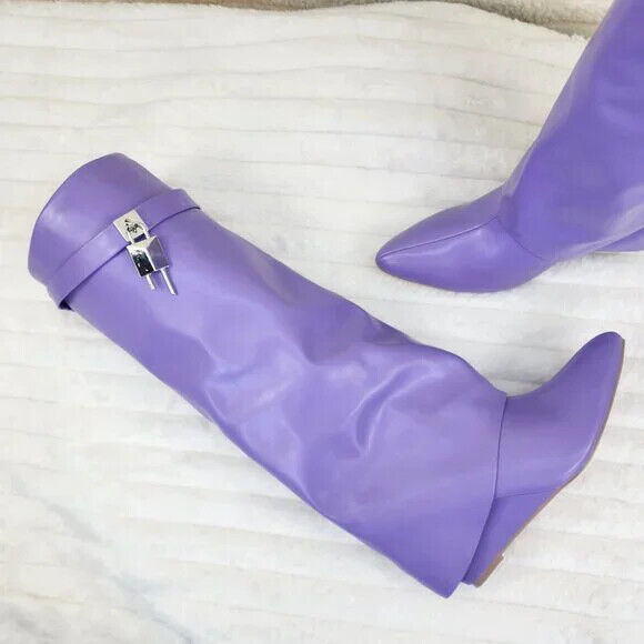 Fold Over Skirted Knee Boots 3" Wedge Heel Pull On Half Zipper Lilac Purple - Totally Wicked Footwear