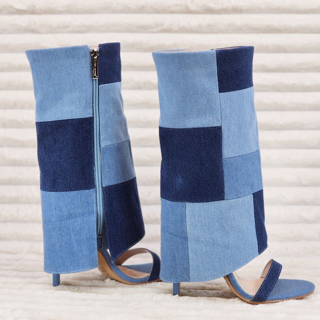 Paris Denim Patchwork Stiletto Fold Over Skirted Shootie Boot Sandals - Totally Wicked Footwear