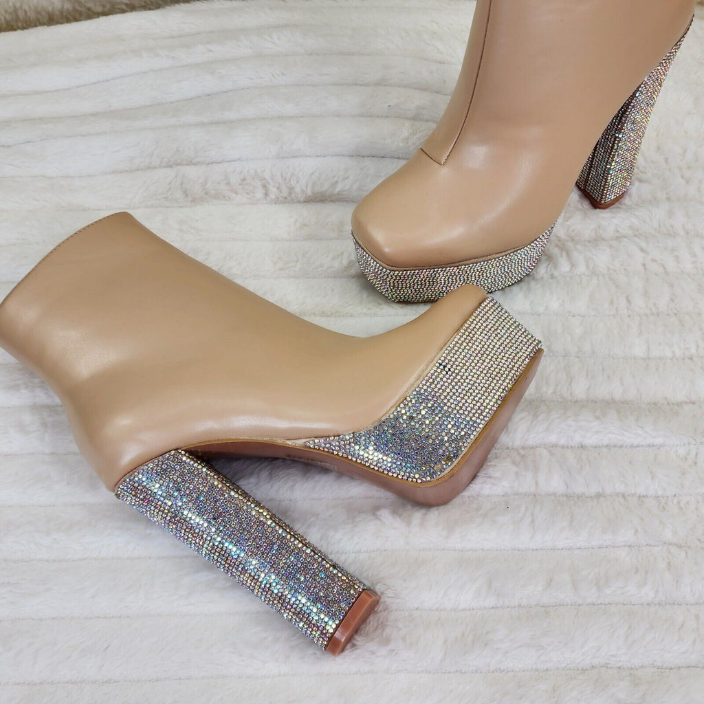 Nikki Cream Leatherette Rhinestone Platform Chunky Heel Ankle Boots - Totally Wicked Footwear