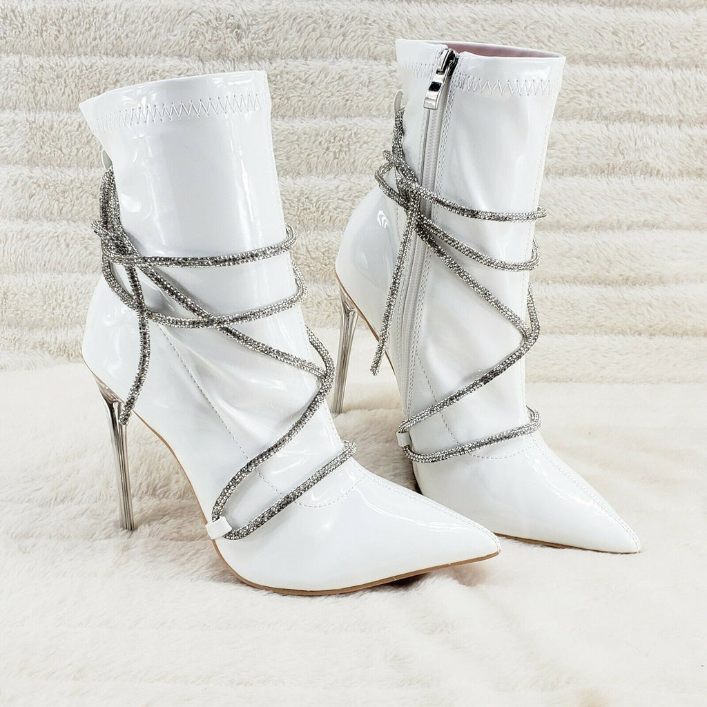 Destiny White Stretch Patent Cable Rhinestone Strap High Heel Ankle Boots - Totally Wicked Footwear
