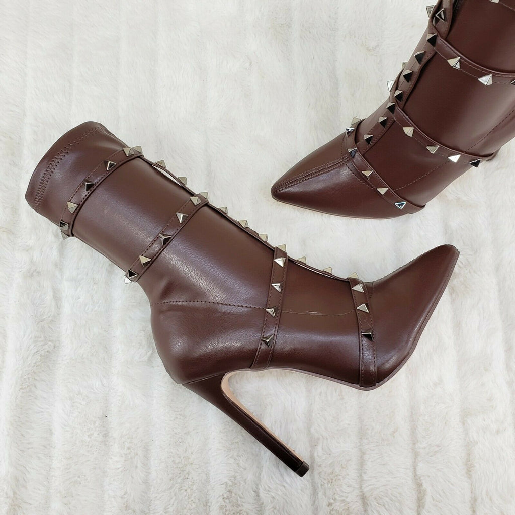 Mark Pyramid Stud Strap High Heel Pointy Toe Stretch Ankle Boots Mocha Brown - Totally Wicked Footwear