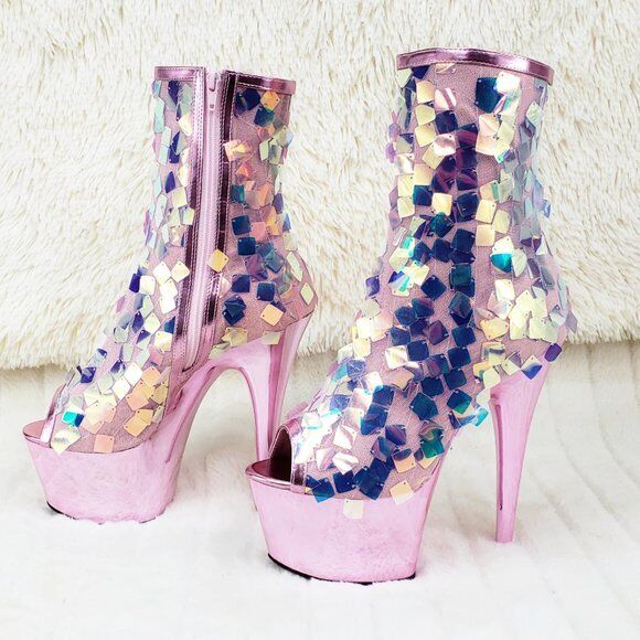 Delight 1031SQ Pink Opal Sequin Ankle Boot 7" High Heel Shoe Sizes 11 & 12 NY - Totally Wicked Footwear