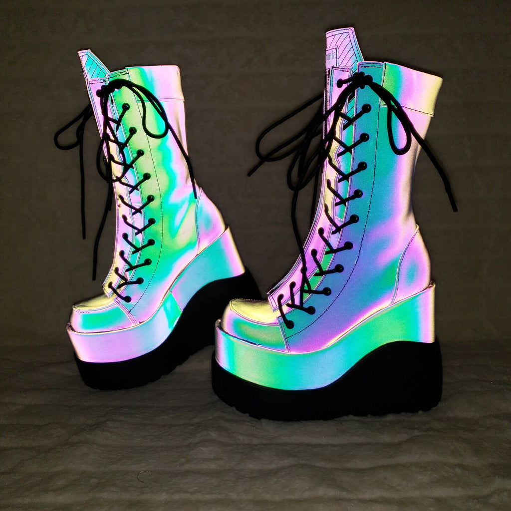 Void Purple Green Reflective Platform Wedge Mid Calf Boots IN HOUSE NY Demonia - Totally Wicked Footwear