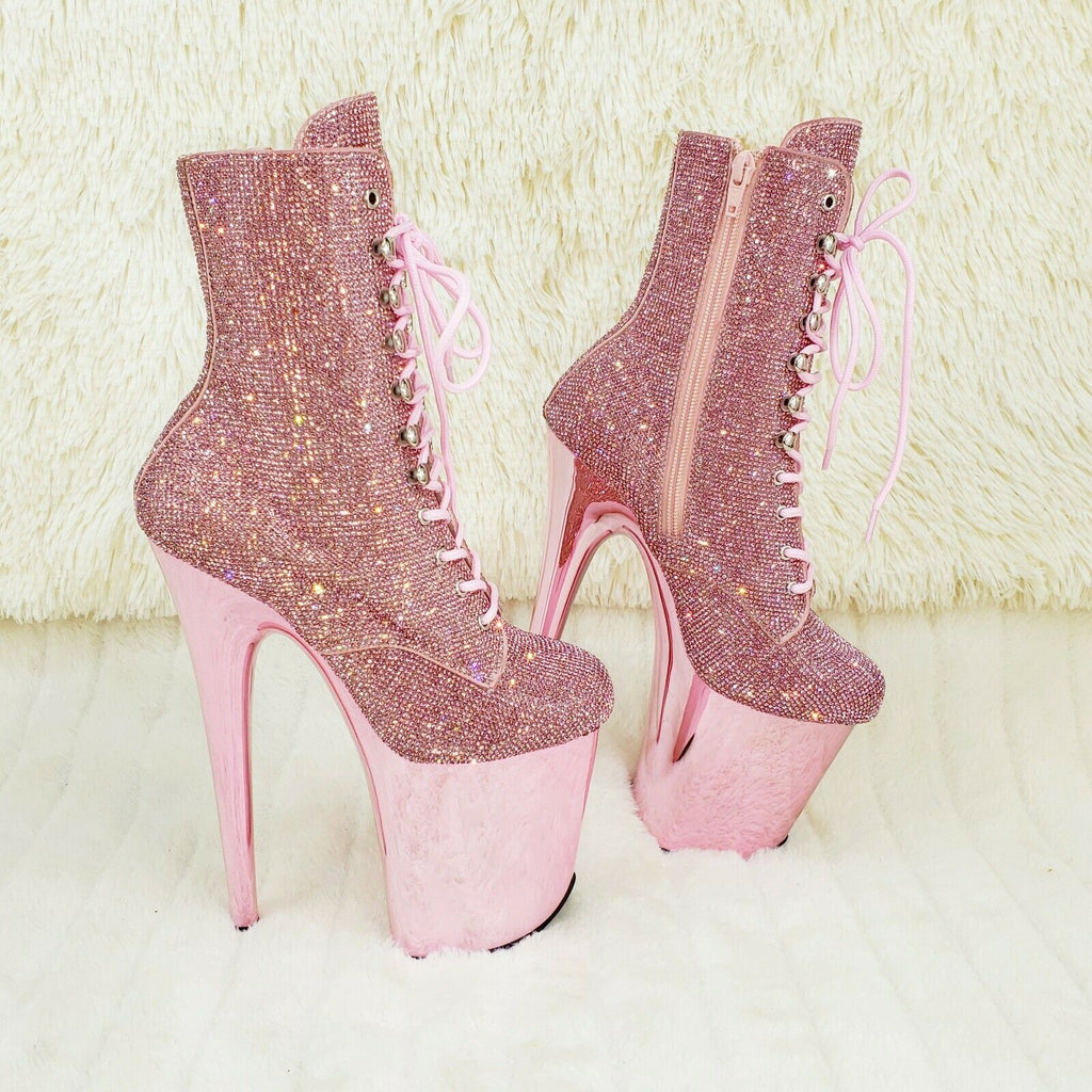 Baby Pink 1020CHRS Bejeweled Rhinestone 8" Heel Chrome Platform Ankle Boots NY - Totally Wicked Footwear