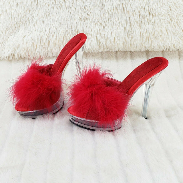 Majesty 501 Marabou Feather Slip On Platform Sandals 6" Stiletto Heel Shoes Red - Totally Wicked Footwear