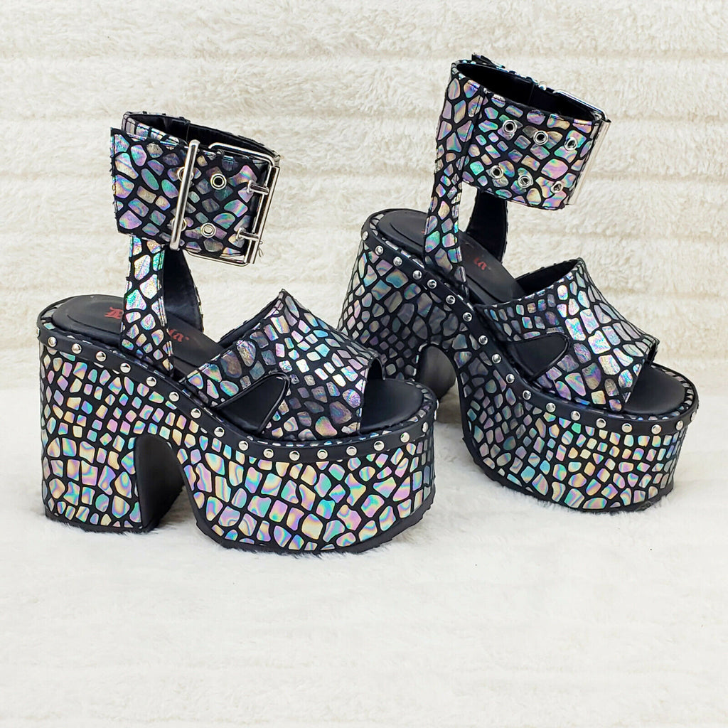 Camel 102 Stacked Black Hologram Platform Sandals Goth Punk 6-12 NY Demonia - Totally Wicked Footwear