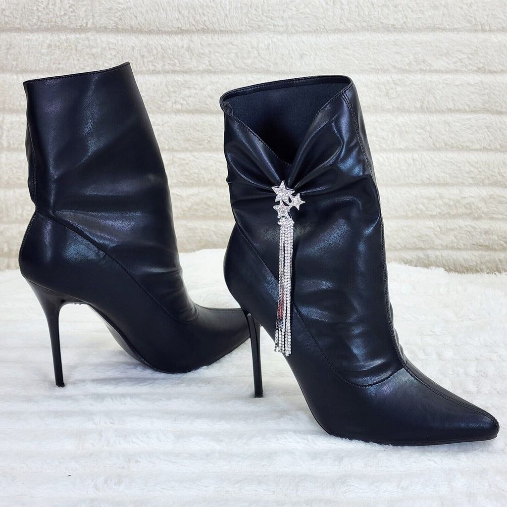 Sherry Black Pull on Drape Rhinestone Pendent High Heel Ankle Boots - Totally Wicked Footwear