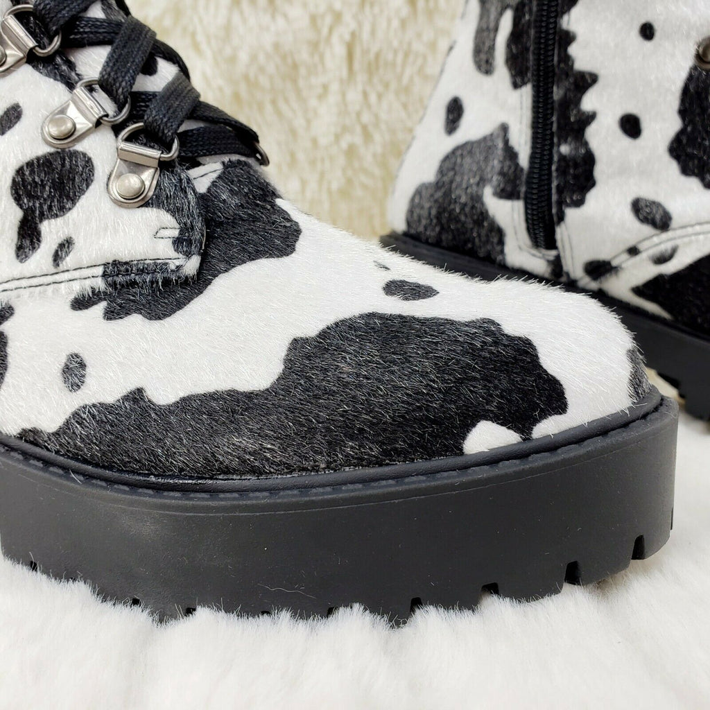 Savage Goth Punk Rock Faux Cow Fur Lace Up Platform Combat Knee Boots - Totally Wicked Footwear