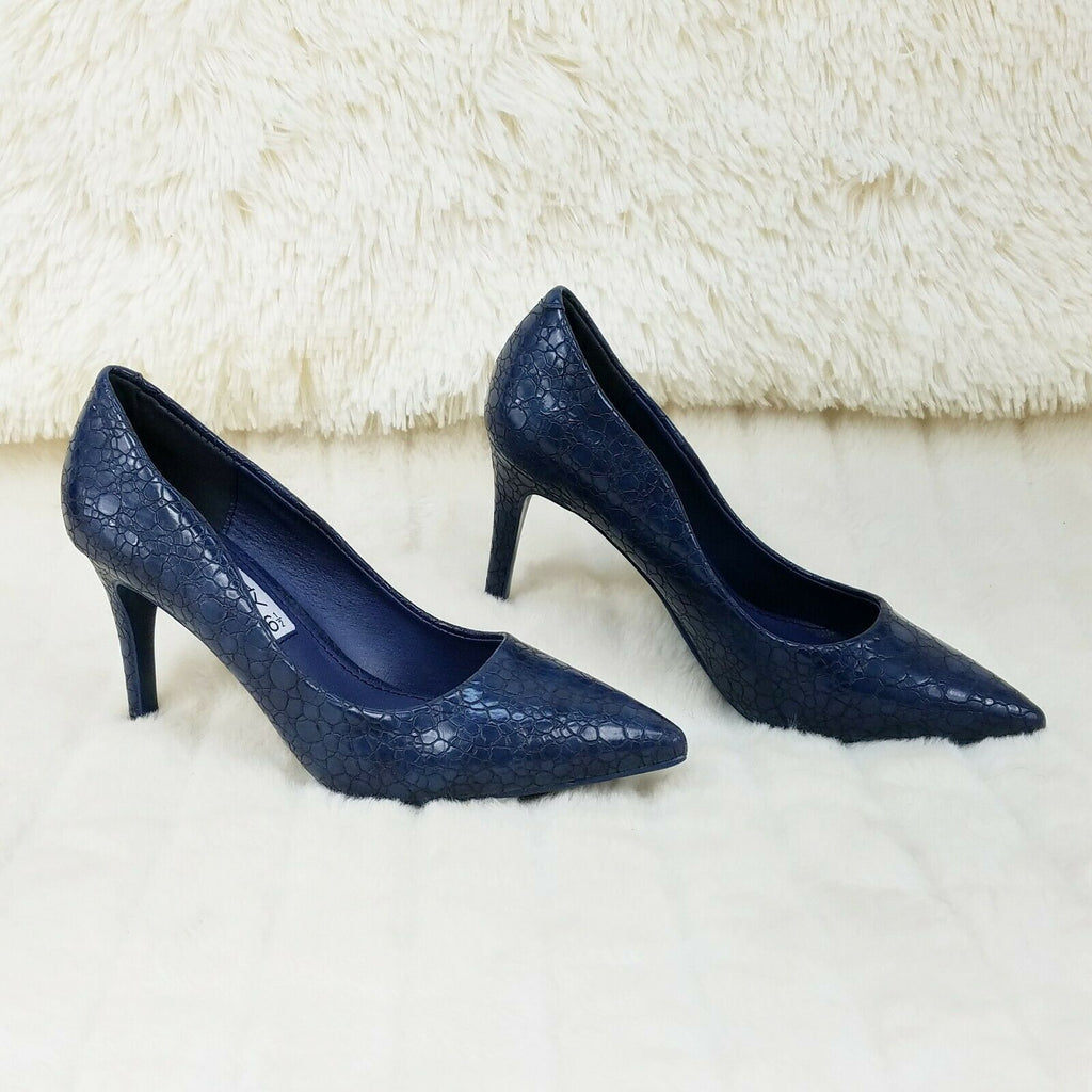 Monica Textured 3.5" Heel Pointy Toe Pump Shoes Navy Blue - Totally Wicked Footwear
