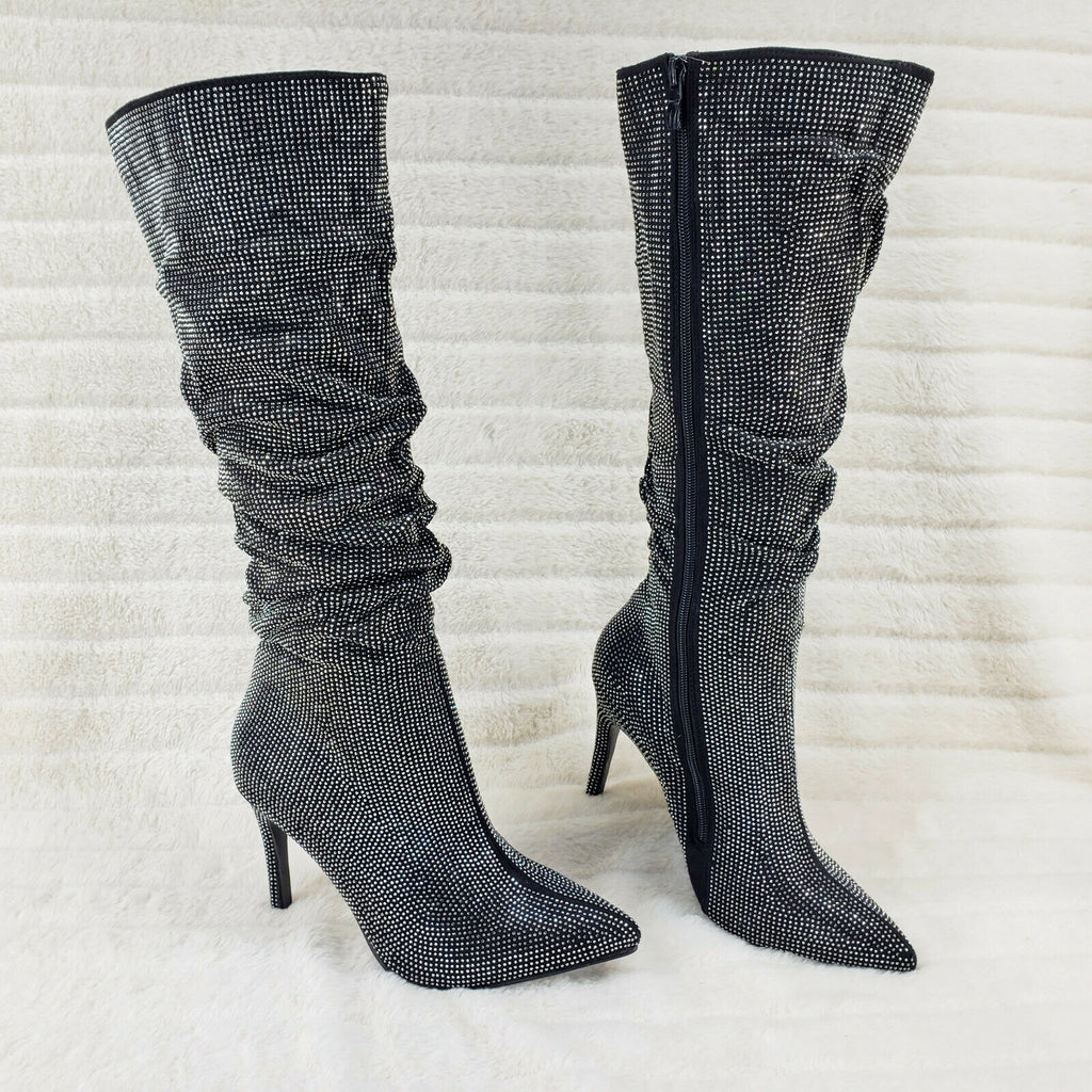 Sparkle Trend Black Rhinestone Slouchy Scrunch High Heel Knee Boots - Totally Wicked Footwear