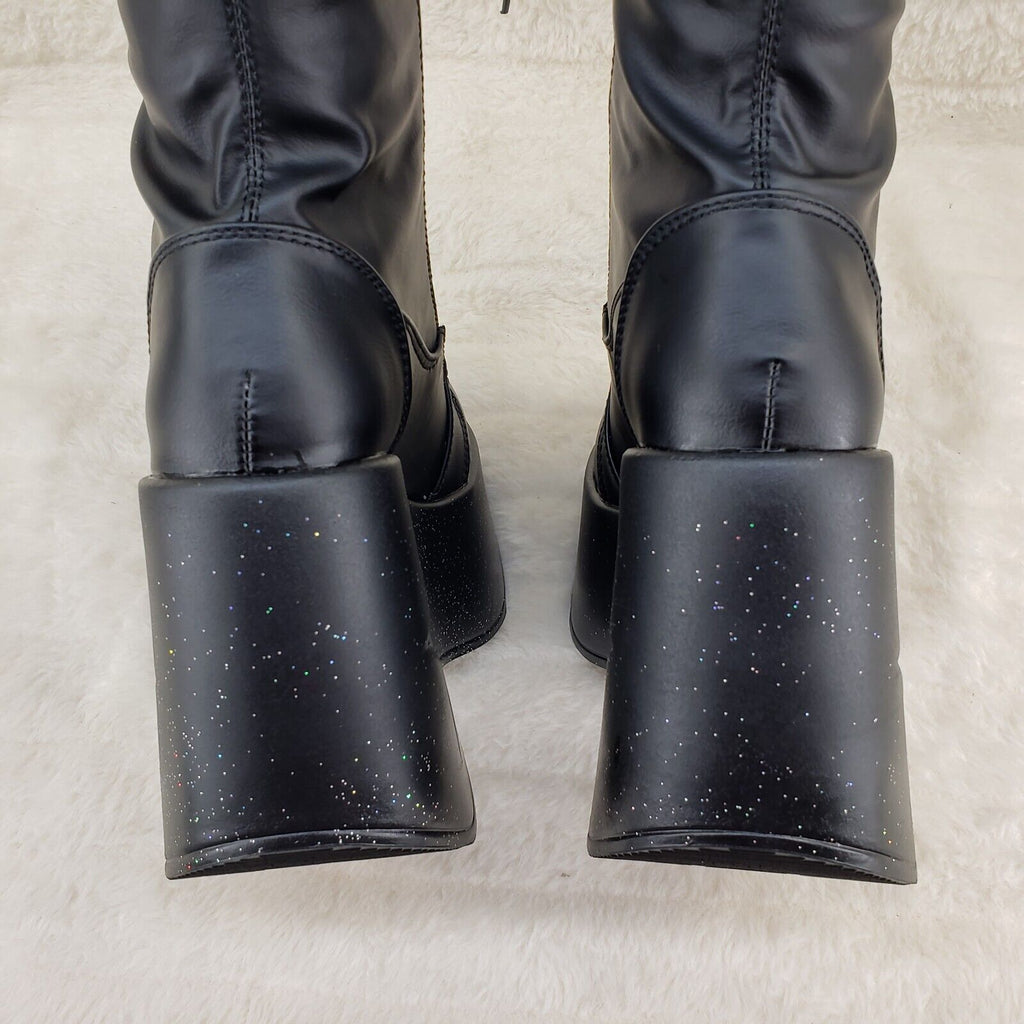 Dynamite 300 Platform 5" Star Heel Stretch Goth Punk Thigh Boots Black Matte NY - Totally Wicked Footwear