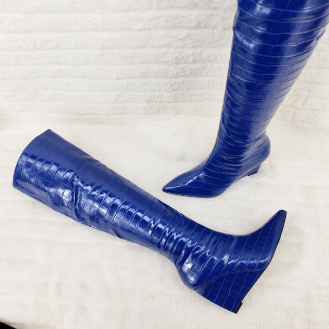Deep Blue Reptile Texture Knee High Wedge Heel Boots Lexis - Totally Wicked Footwear